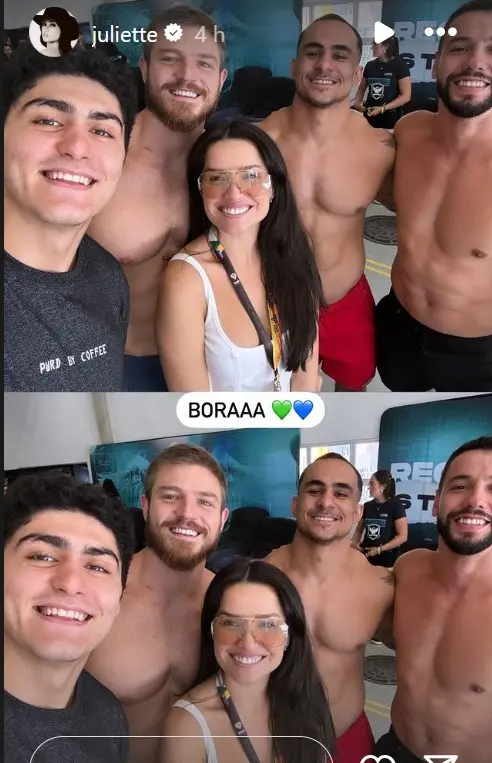 A ex-BBB ao lado do namorado e de amigos