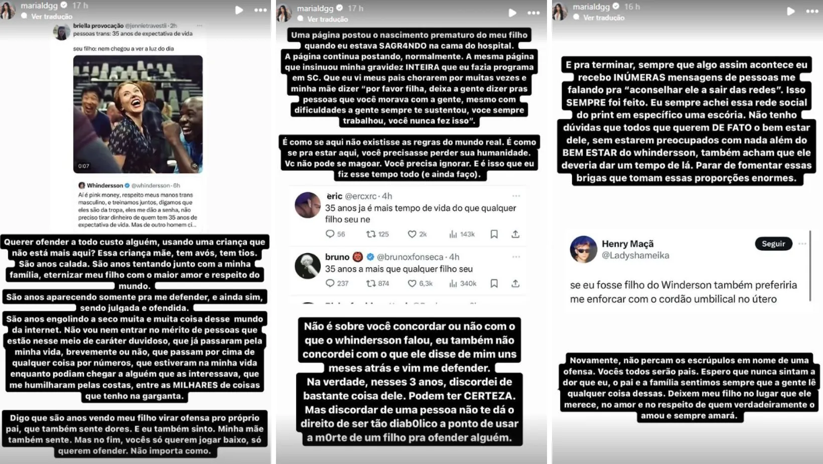 Maria Lina compartilhou o desabafo nos stories do Instagram