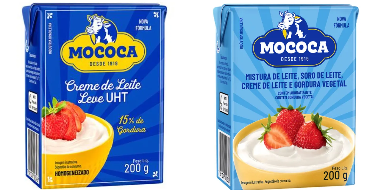 A marca Mococa oferta creme de leite e um produto similar: mistura de leite, soro de leite, creme de leite e gordura vegetal
