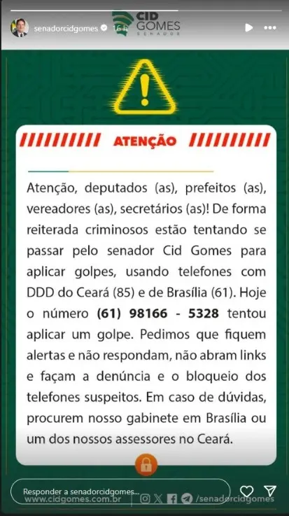 Cid Gomes, golpe, celular, número do telefone, polícia legislativa, Senado