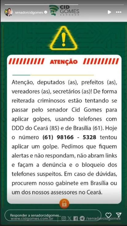 Cid usou a ferramenta Stories do Instagram para alertar seguidores.