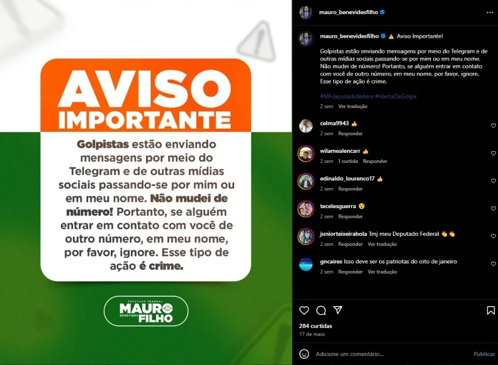 Mauro Filhos usou outras redes sociais para denunciar uso de sua identidade em golpes no Telegram.