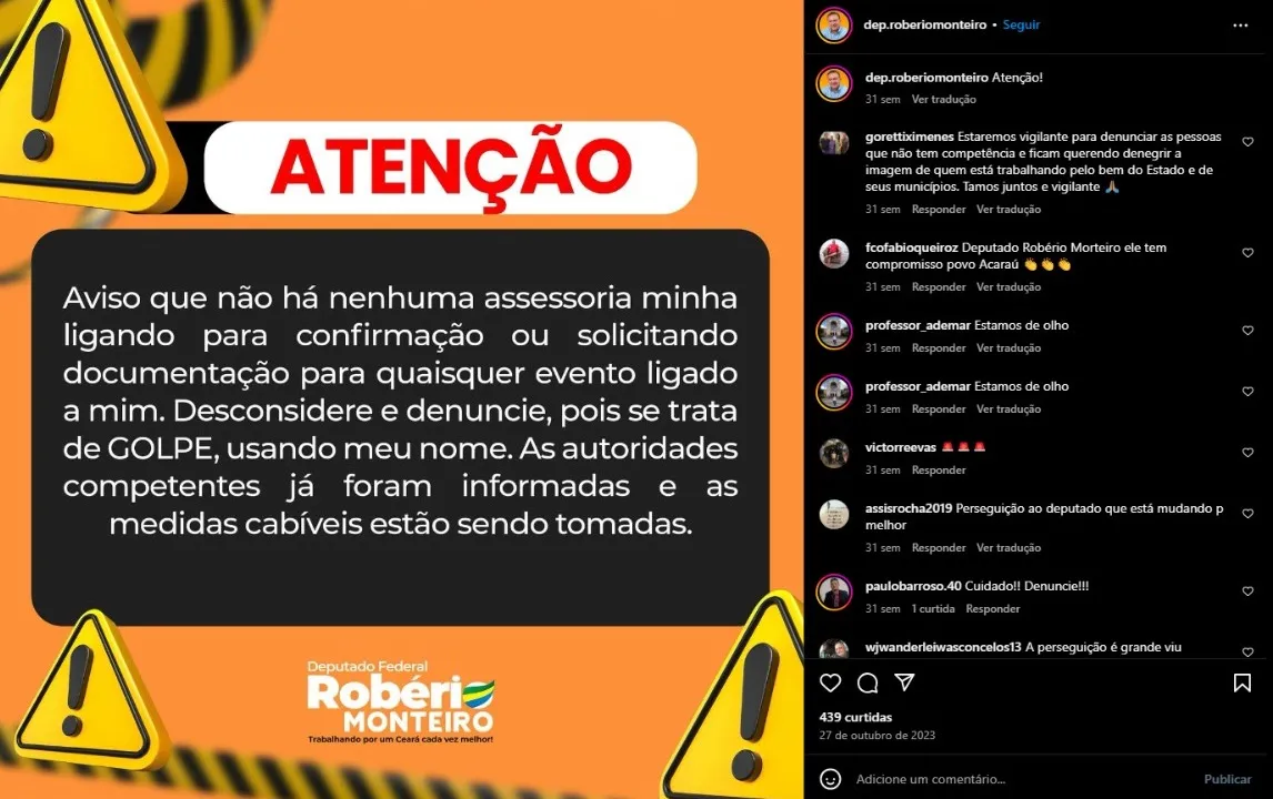 Robério Monteiro também alertou seguidores sobre o uso indevido de sua identidade nas redes.