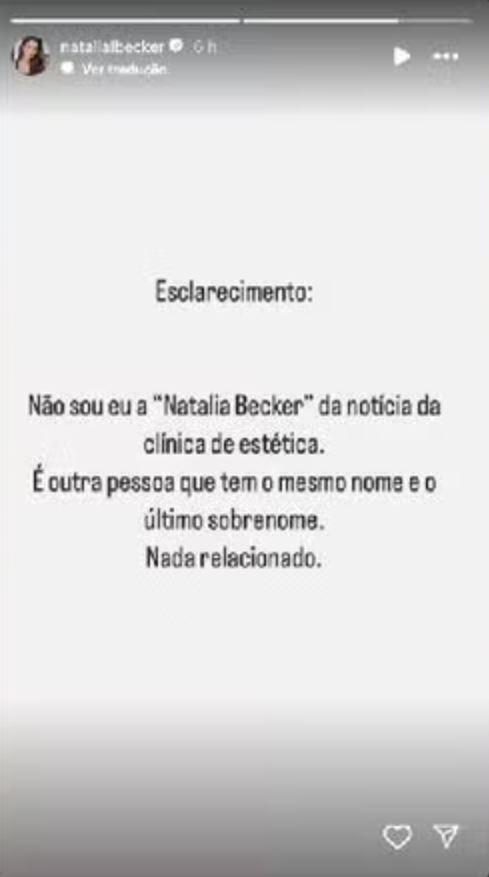 print de Natalia Becker esclarecendo que não é a estiticista indiciada por homicídio com dolo eventual em clínica de São Paulo