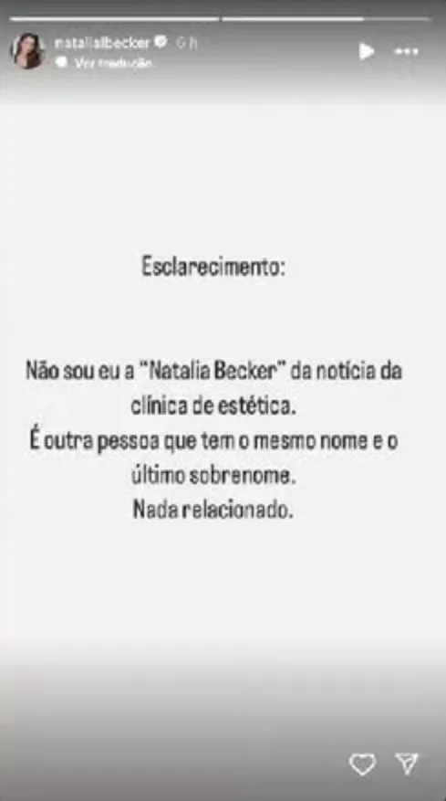 Natalia Becker esclarece que não é a estiticista indiciada por homicídio com dolo eventual em clínica de São Paulo