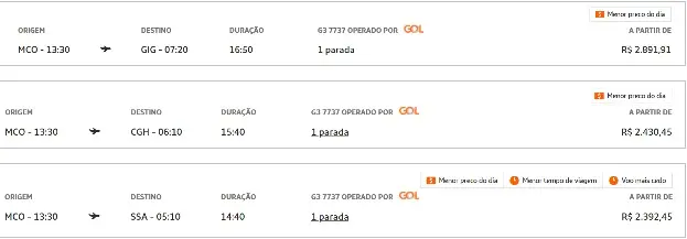 captura de tela de site da gol com pesquisa de voos