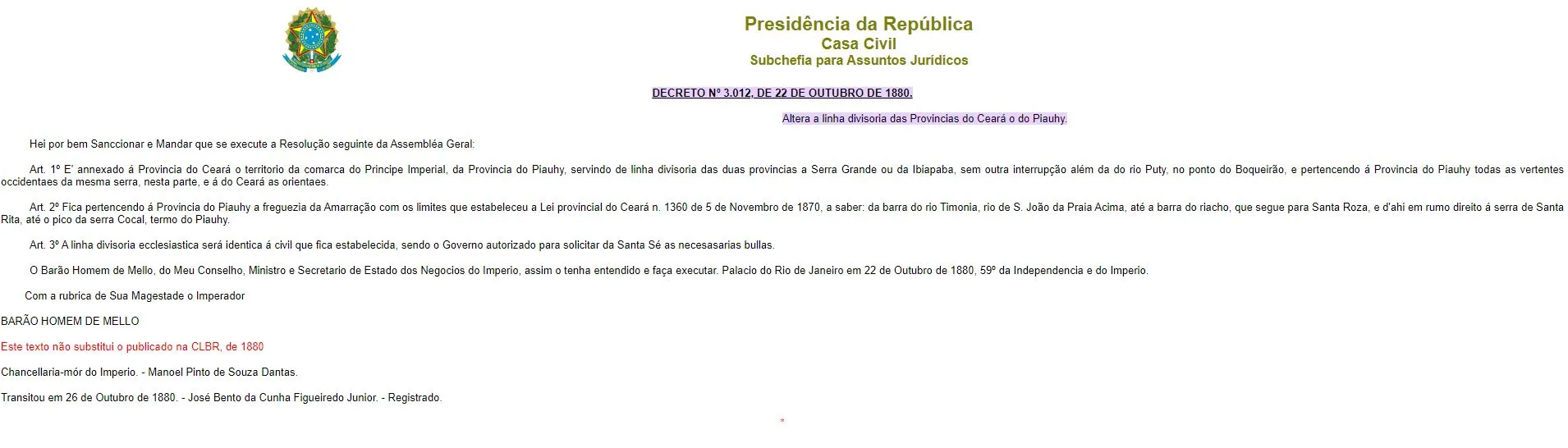 Texto completo Decreto Imperial 3.012, de 1880