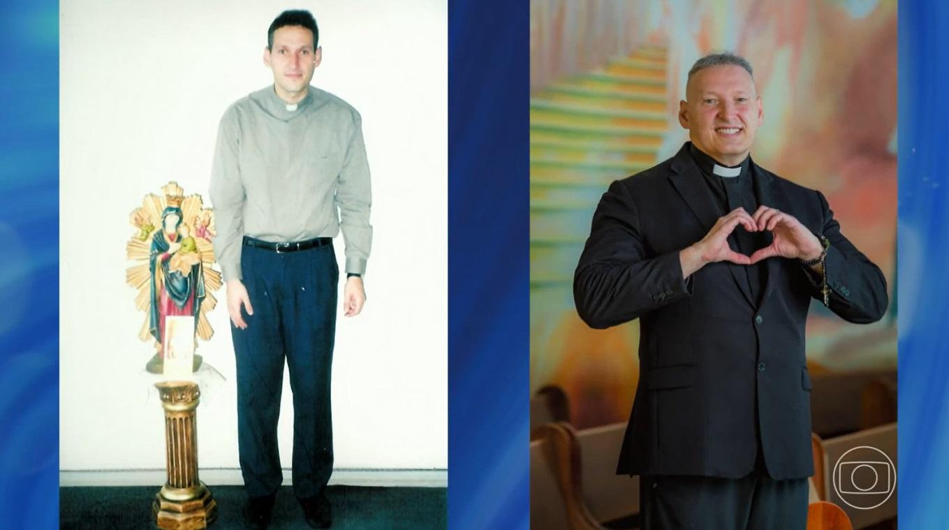 Montagem com duas fotos do Padre Marcelo Rossi. À esquerda, ele aparece magro. À direita, ele está no atual físico, mais forte