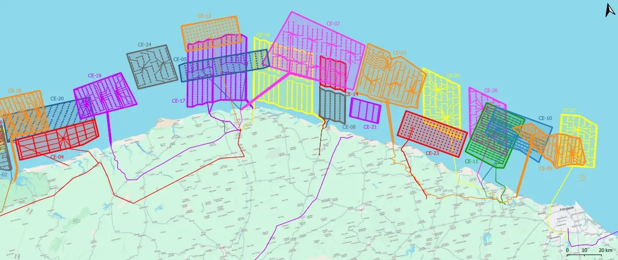 mapa de possíveis projetos de complexos eólicos offshore