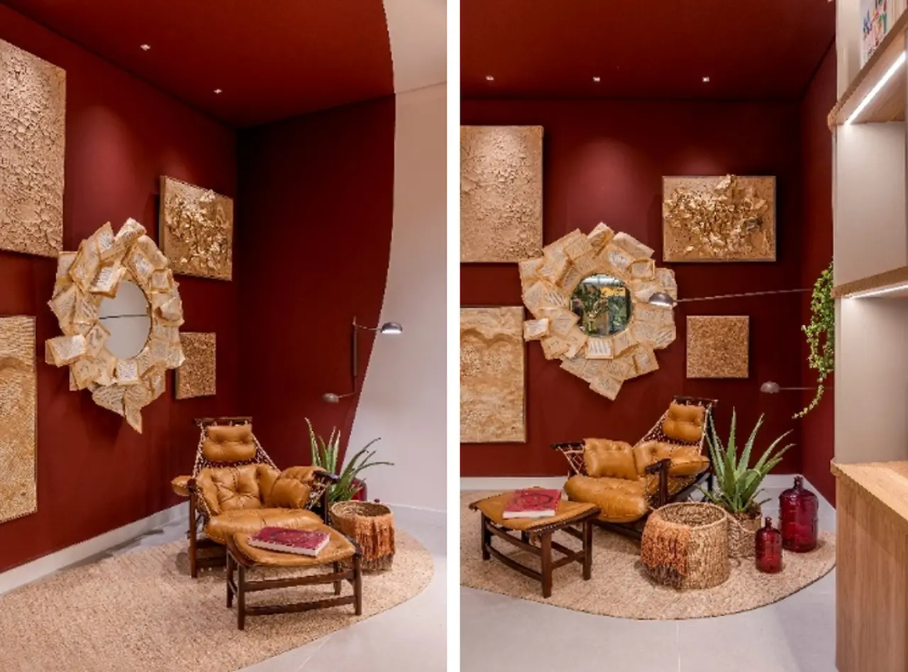 Tecidos naturais, sisal e madeira tornam este cantinho de leitura um lugar convidativo