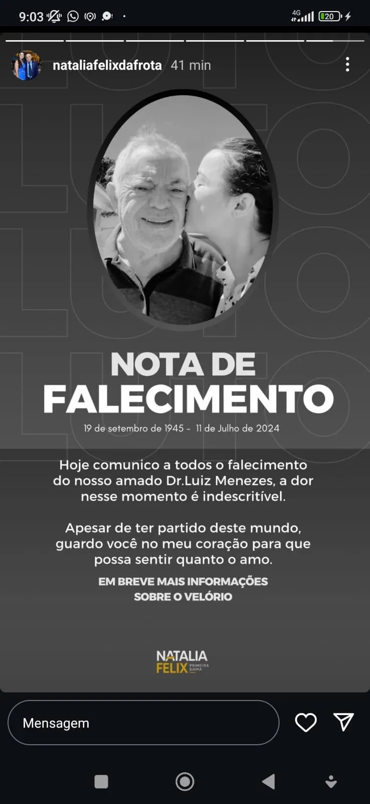 Morte foi confirmada pela esposa do ex-prefeito, Natália Félix