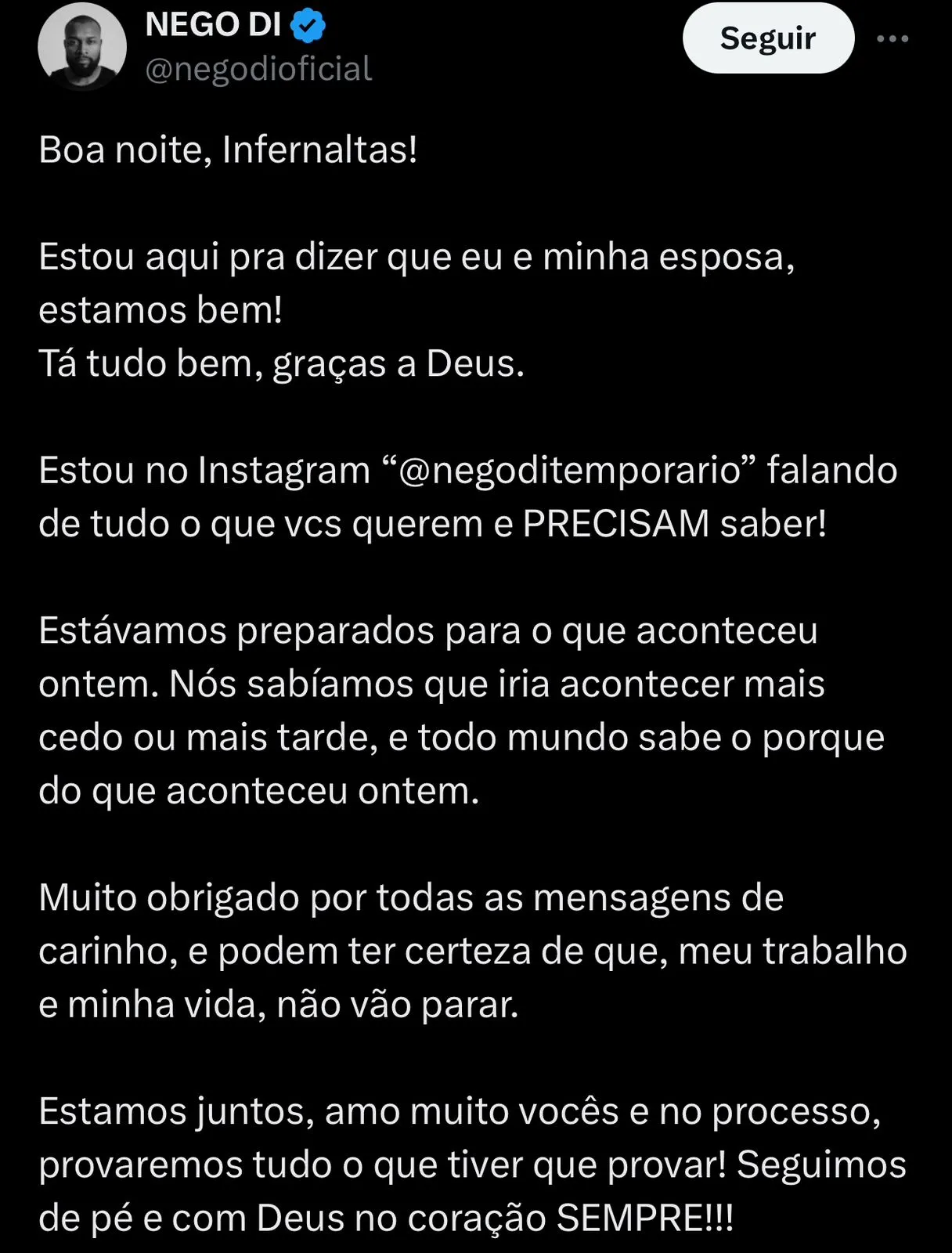 Publicação do ex-BBB no X (antigo Twitter) no último sábado (13)