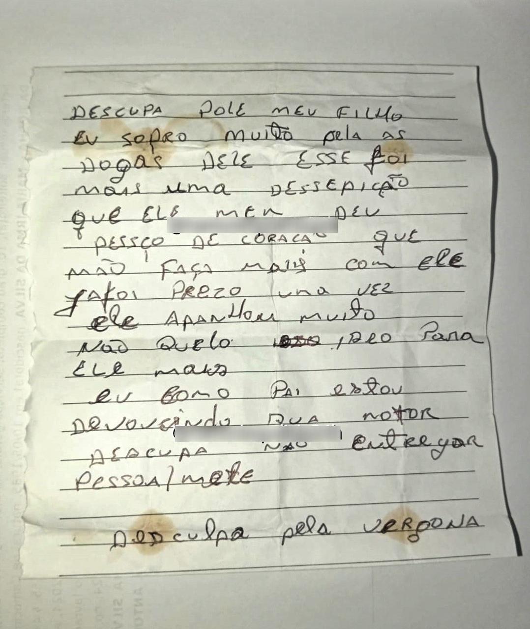 Bilhete deixado por pai de suspeito de roubar moto em Camocim. Pai de suspeito devolve motocicleta roubada e deixa bilhete, em Camocim: Desculpa pelo meu filho