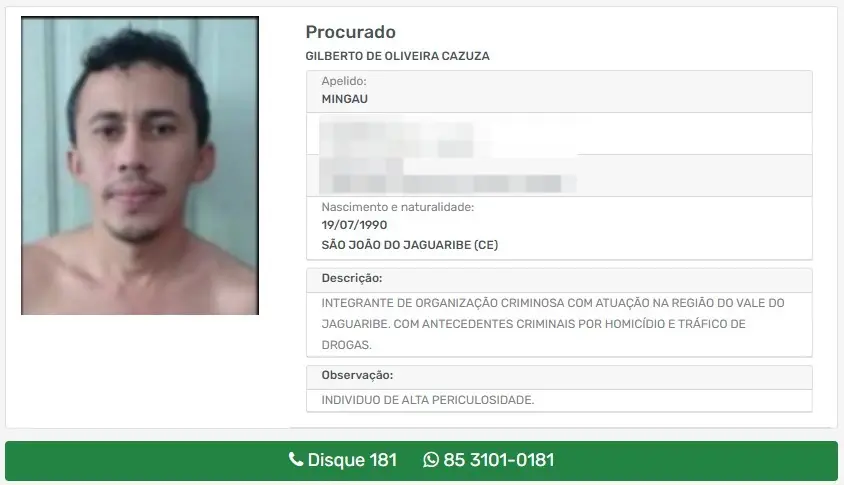 'Mingau' é apontado como o principal líder da facção carioca Terceiro Comando Puro no Ceará