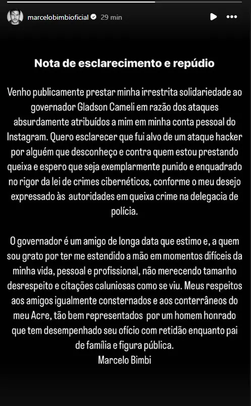 nota de esclarecimento de marcelo bimbi sobre polêmica com glason cameli, governador do acre