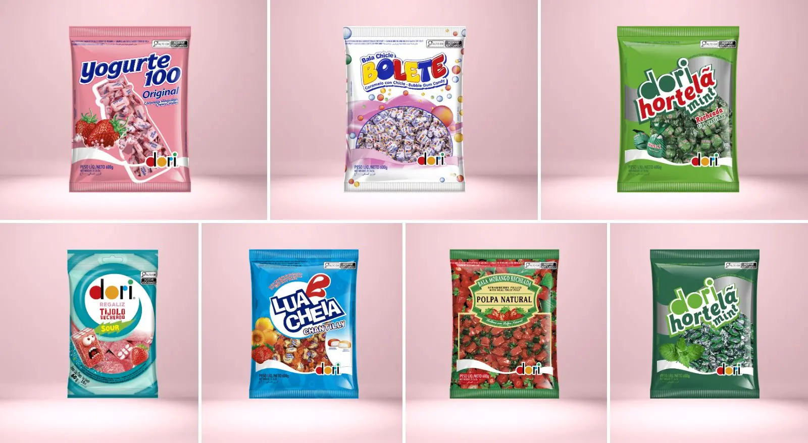 Colagem traz imagens de balas das linhas yorgurt 100 morango, hortelã recheada, bolete tutti frutti, hortelã mint, morango recheada, lua cheia chantilly, além da dori regaliz tijolo. Lotes de balas Dori têm venda suspensa pela Anvisa por risco de Salmonella; veja lista
