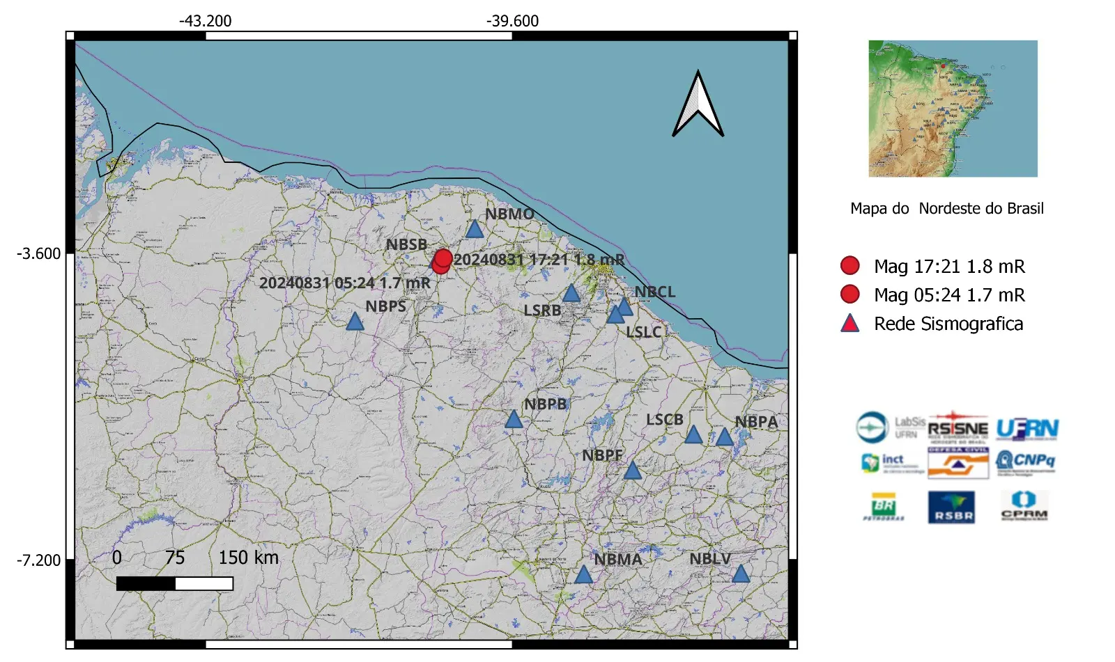 Mapa com a localização dos tremores de terra