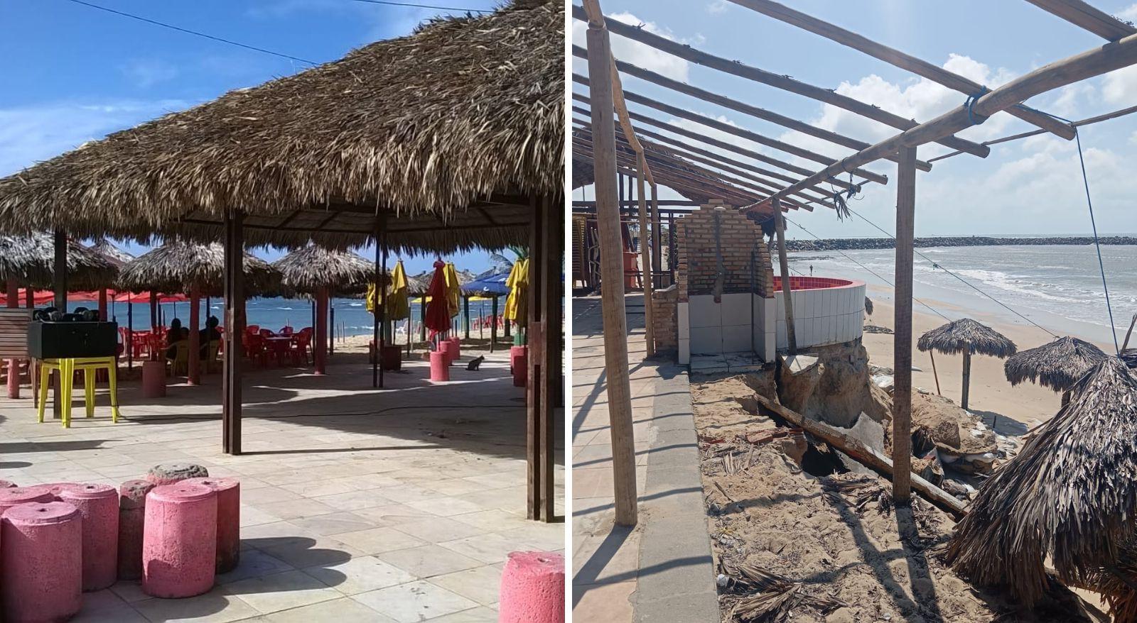 Colagem mostra antes e depois de local invadido por maré na barra do ceará, em fortaleza. Maré invade barracas na Barra do Ceará e causa prejuízos em Fortaleza