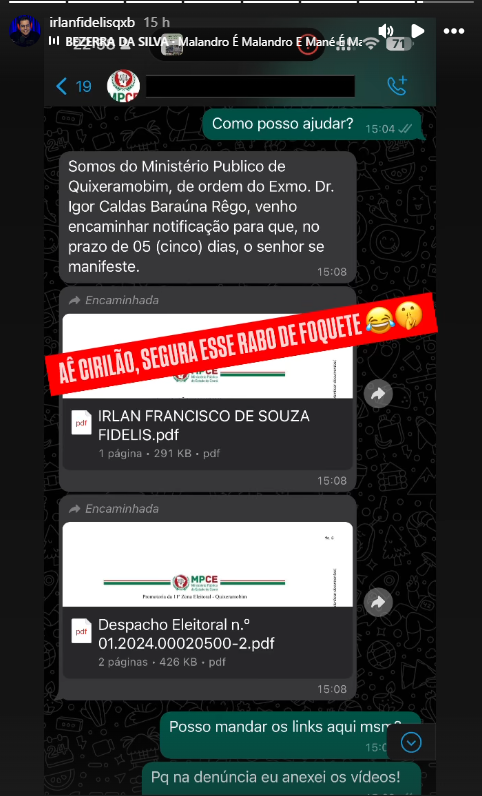 Captura de tela de irlan fidelis conversando com o MPCE