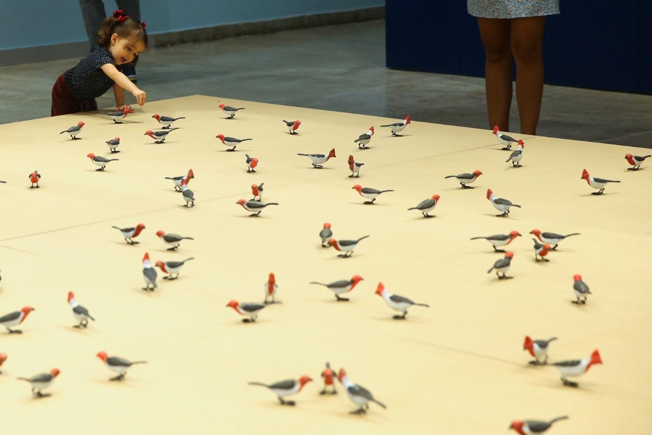 Olhar 'infantil' de Efrain Almeida é ecoado em obras do artista cearense; na foto, a obra 'Uma coisa linda' durante exposição na Pinacoteca do Ceará