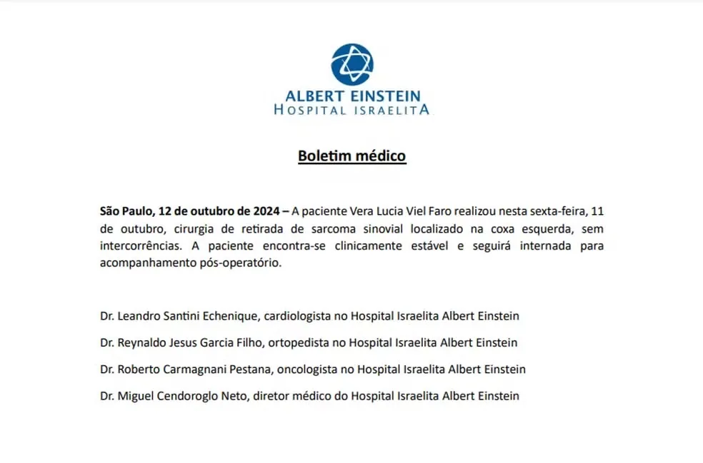 Boletim médico foi divulgado neste sábado (12)