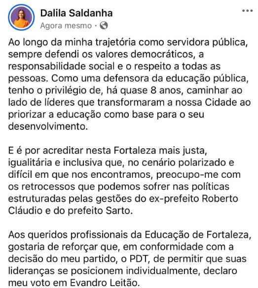 Secretária divulgou voto em Evandro pelas redes sociais neste sábado (12)