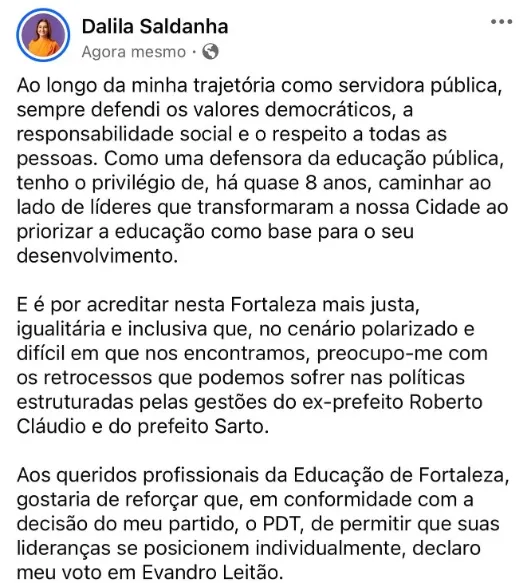 Secretária divulgou voto em Evandro pelas redes sociais neste sábado (12)