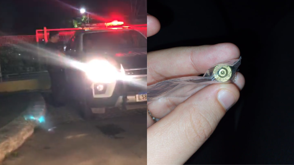 Foto de viatura na frente do cuca jangurussu, com cápsula de arma de fogo ao lado