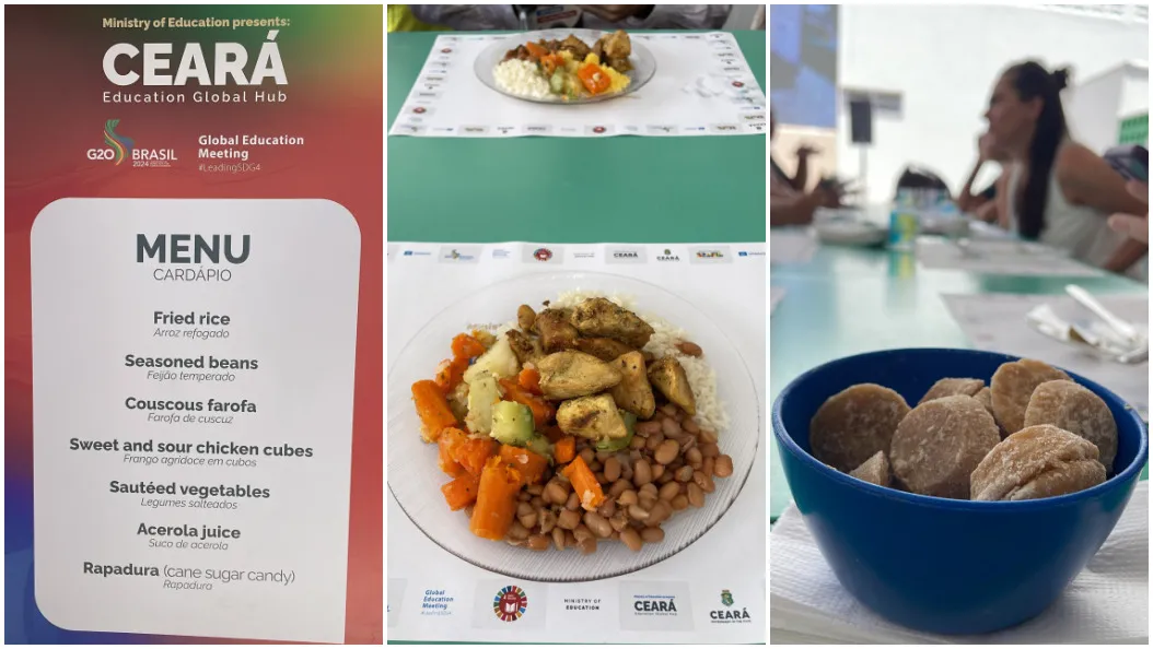 O cardápio escolhido incluiu arroz, feijão, frango e legumes, além de rapadura para a sobremesa