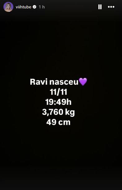 post de viih tube em fundo preto com informações sobre nascimento de ravi