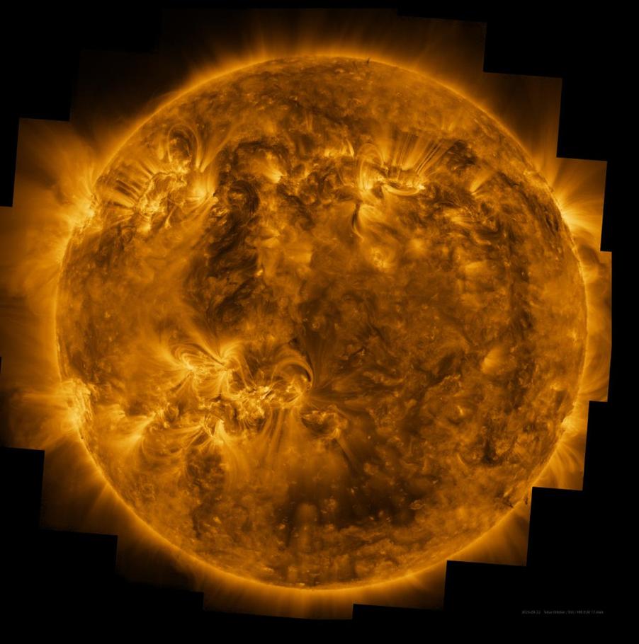 Esta imagem de alta resolução mostra o Sol em luz ultravioleta, revelando a atmosfera superior do Sol, a corona. Foi tirada pelo instrumento Extreme Ultraviolet Imager (EUI) da Solar Orbiter, montado a partir de XX imagens tiradas em 22 de março de 2023.