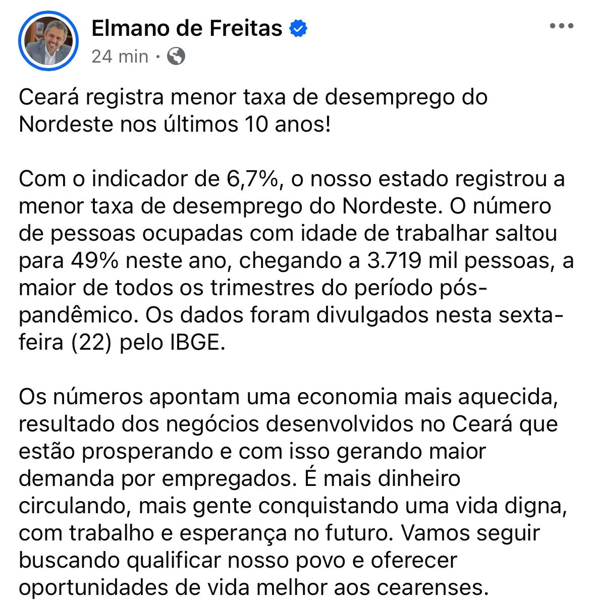 publicação de Elmano de Freitas sobre taxa de desemprego no Ceará