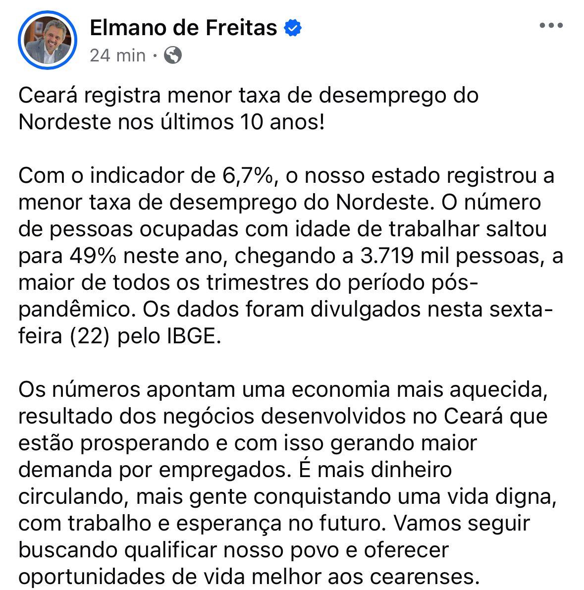 post Elmano de Freitas sobre taxa de desemprego no Ceará