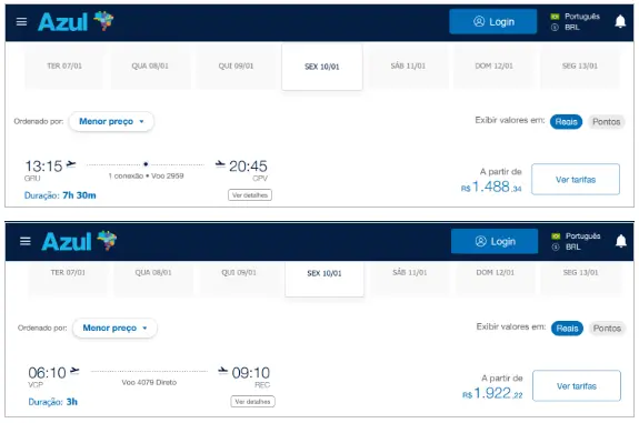 voos entre campinas e campina grande