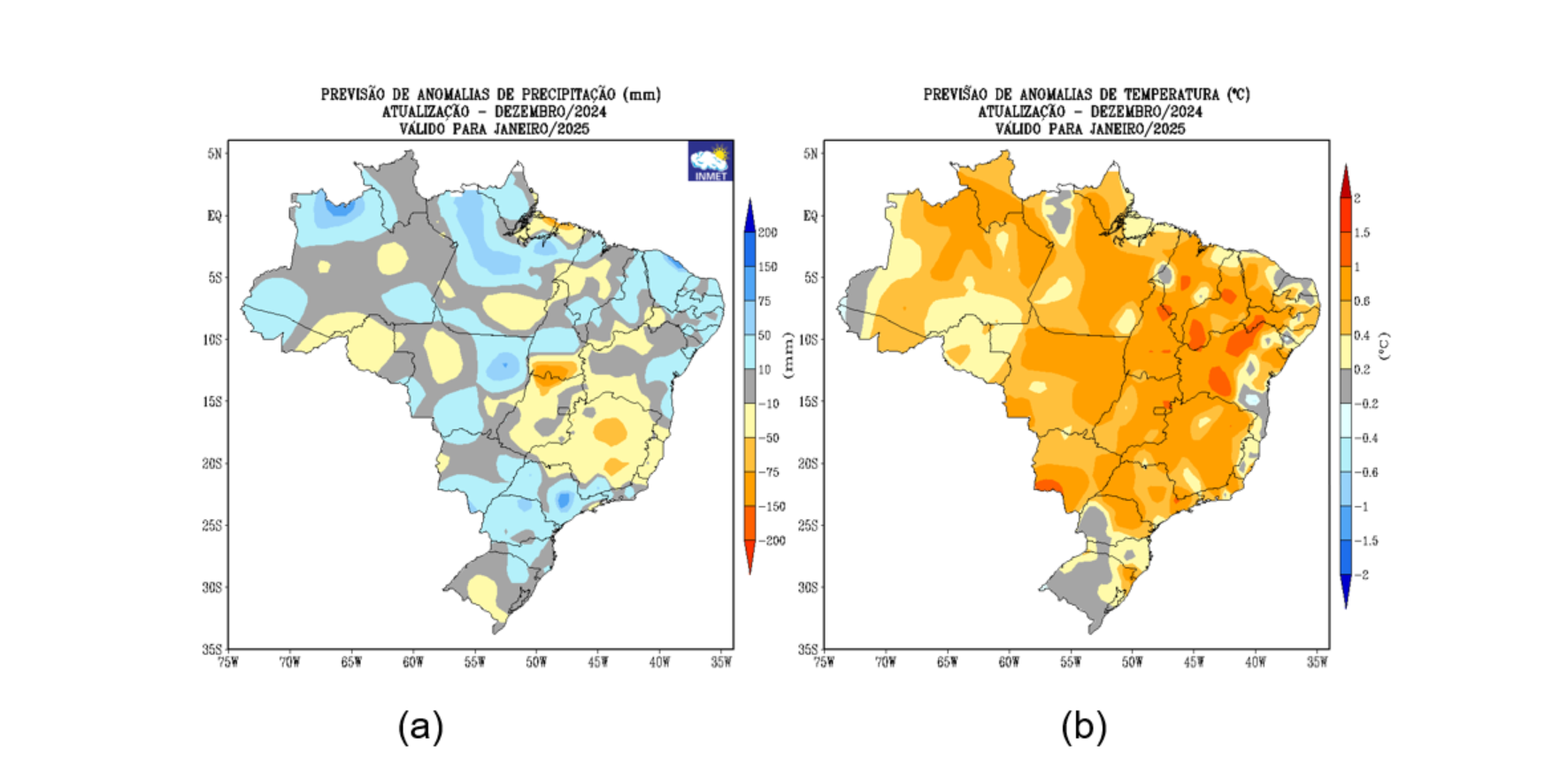 Mapas mostram as previsões do Inmet para temperatura e precipitação em janeiro de 2025