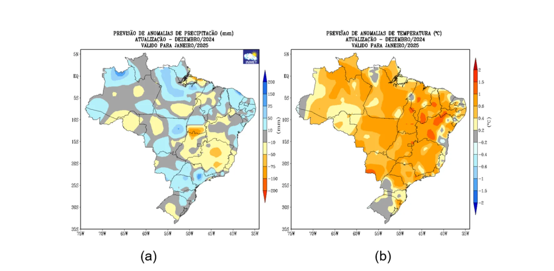 Previsão de anomalias de precipitação e temperatura média do ar do modelo climático do INMET, para janeiro de 2025
