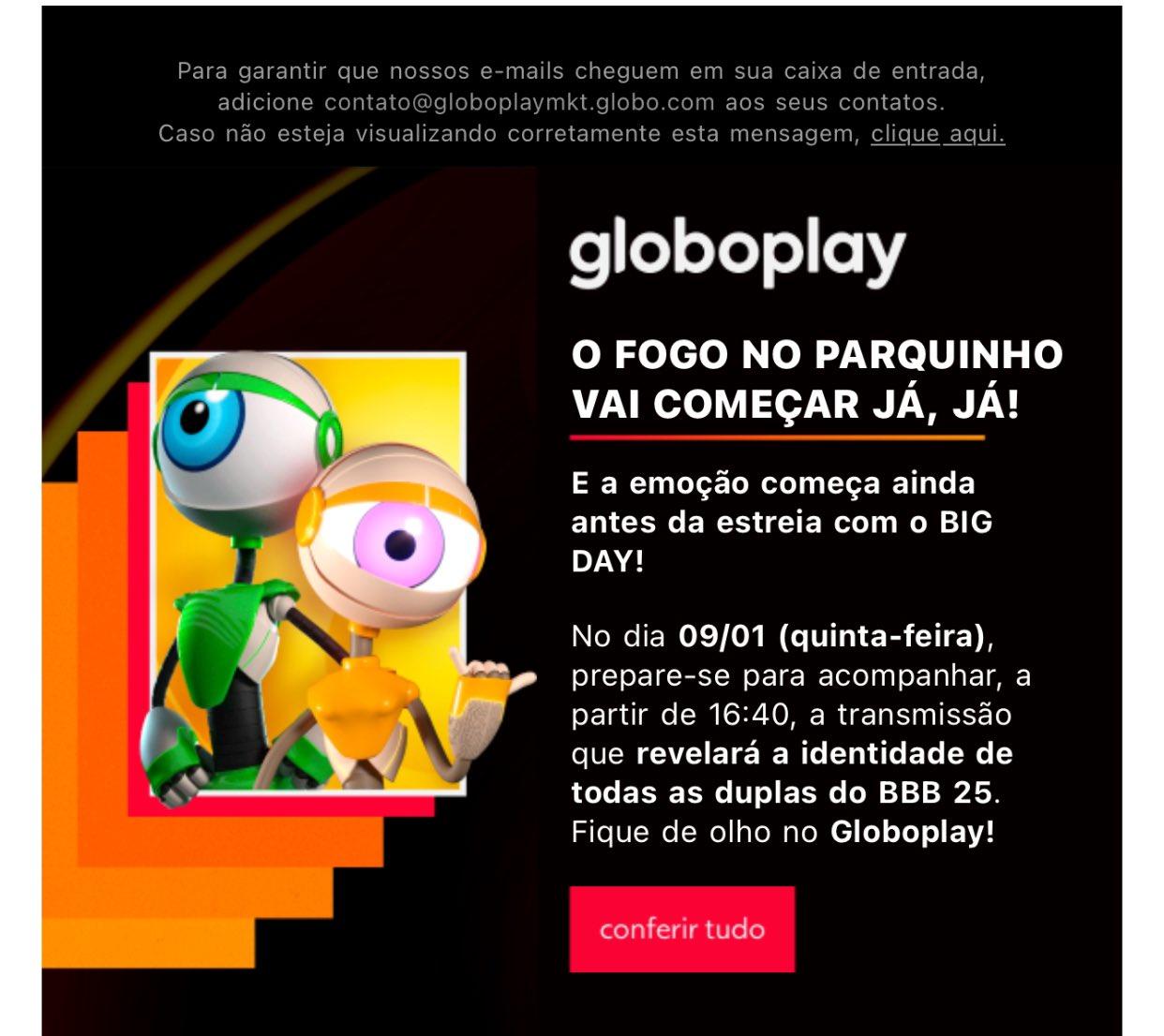 Imagem do email que assinantes do globoplay receberam sobre o horário em que começarão as apresentações.