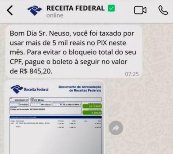 Imagem de um alerta da Receita Federal sobre a falsa taxação no uso do PIX e detalhes sobre um suposto boleto a ser pago.