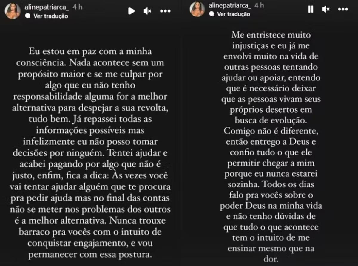 Imagens das redes sociais da participante do BBB 25, Aline Patriarca, à época da polêmica envolvendo um golpe que teria feito por elas. Na foto, um texto escrito por Aline, no qual diz que é tudo mentira.