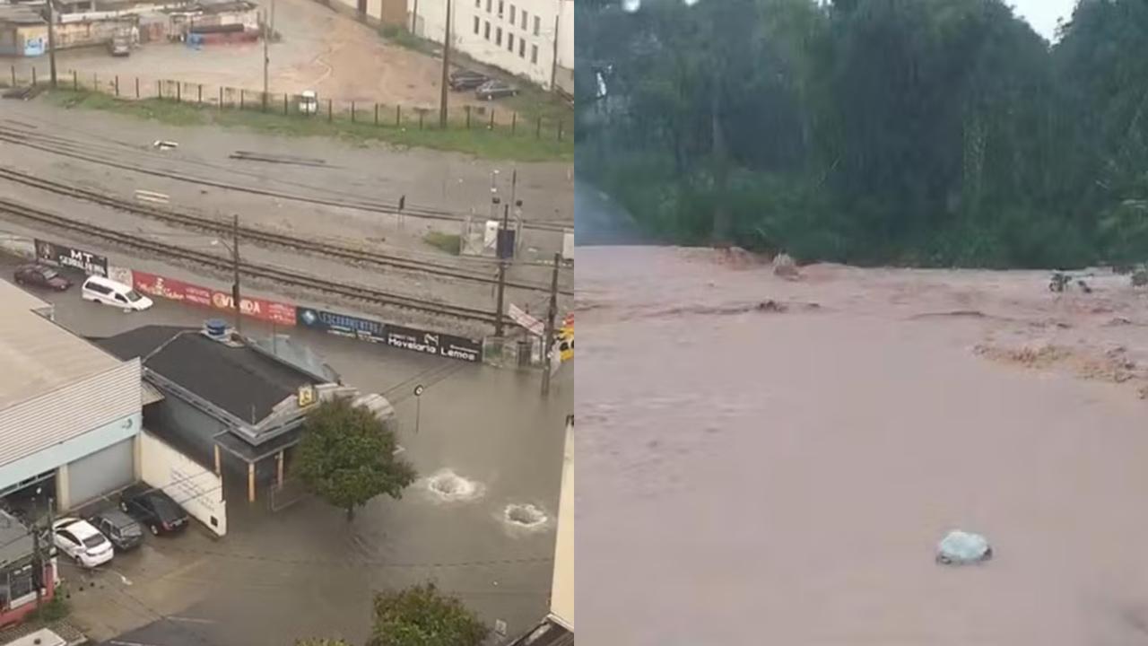 Imagens de casas e ruas alagadas e carros sendo levados pela enxurrada.