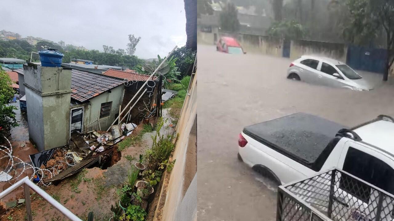 Imagem que ilustra as consequências de fortes chuvas em Minas Gerais, mostrando casas submersas e veículos cobertos pela água da inundação.