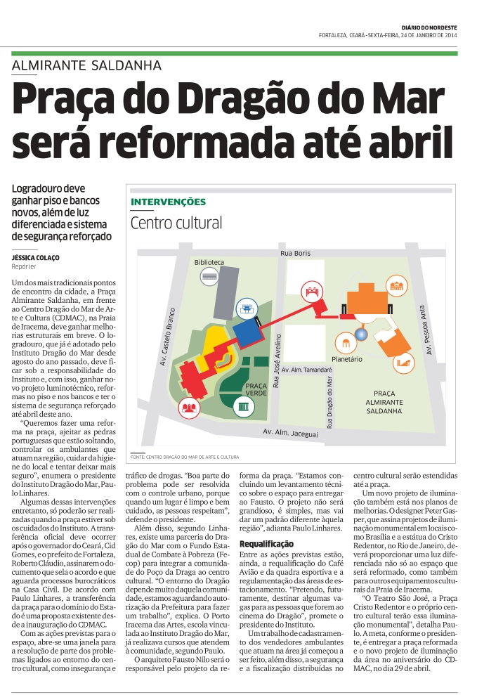 Reprodução de matéria publicada em 24 de janeiro de 2014 no Diário do Nordeste sobre anúncio de reforma da Praça Almirante Saldanha