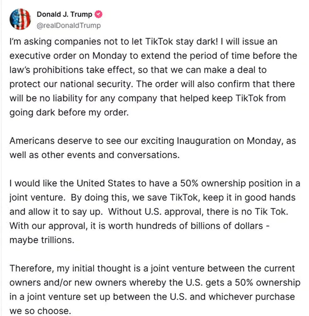 Comunicado nas redes sociais de Donald Trump sobre retorno do TikTok e novas ideias para a plataforma nos EUA