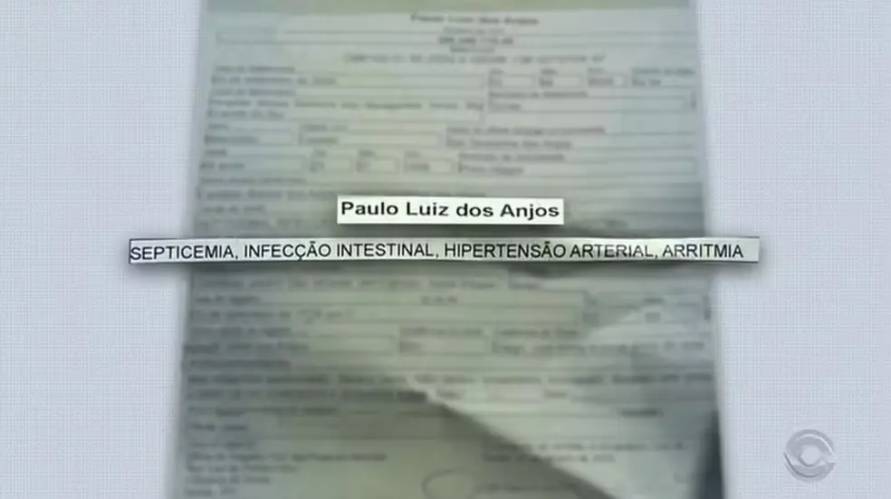 Imagem de um documento médico com informações sobre Paulo Luiz dos Anjos, incluindo diagnóstico de septicemia, infecção intestinal, hipertensão arterial e arritmia.