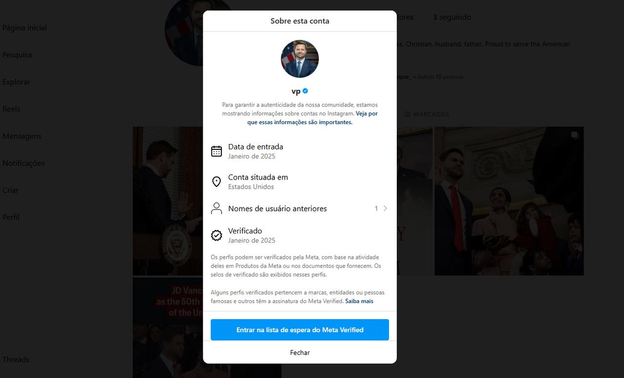Criação da conta de JD Vance.