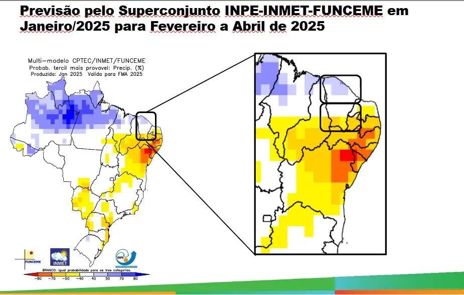 Mapa divulgado pela Funceme mostra áreas com mais chuva ou menos chuva no Brasil e traz um mapa do Ceará em destaque. No Ceará, a imagem mostra uma área azul no noroeste do Estado, onde está a Região do Coreaú e pode ter um acumulado acima da normal climatológica. Há uma área amarelada no sudeste do Estado, onde fica o Cariri e que pode ter chuvas abaixo da média.
