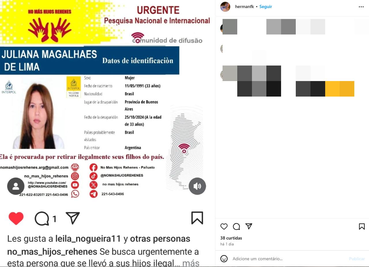 Captura de tela de publicação de argentino que alegou que ex-esposa cearense sequestrou os dois filhos do casal. Na imagem, a publicação de Herman Krause que mostra a mulher na lista amarela da Interpol