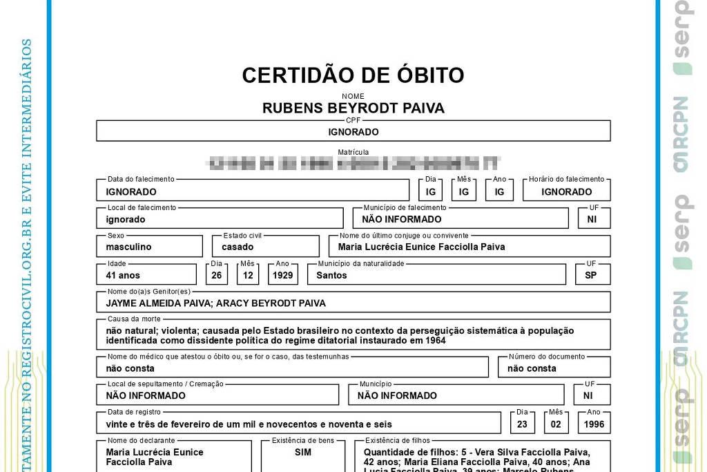 Certidão de óbito de Rubens Beyrodt Paiva destacando informações como data de falecimento e causas de morte relacionadas a perseguição política no Brasil.