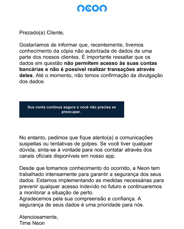 Clientes foram informados pelo Banco Neon sobre possível vazamento de dados