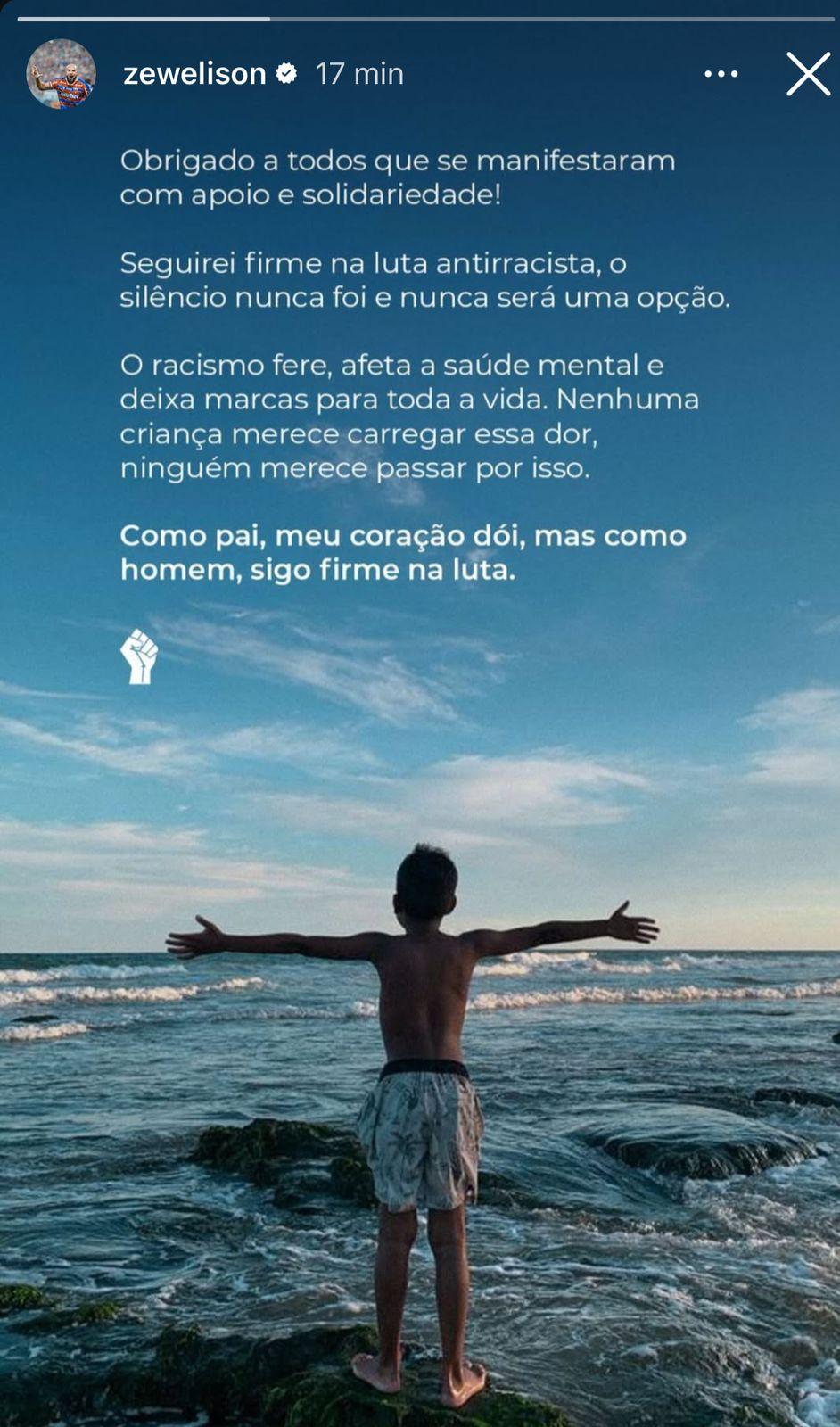 Zé Welison agradece apoio de torcedores após racismo sofrido por filho